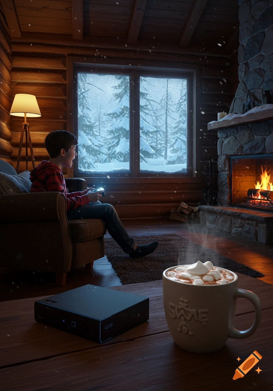 A boy plays video games in a cozy log cabin during winter with a fireplace, falling snow outside, and hot chocolate.