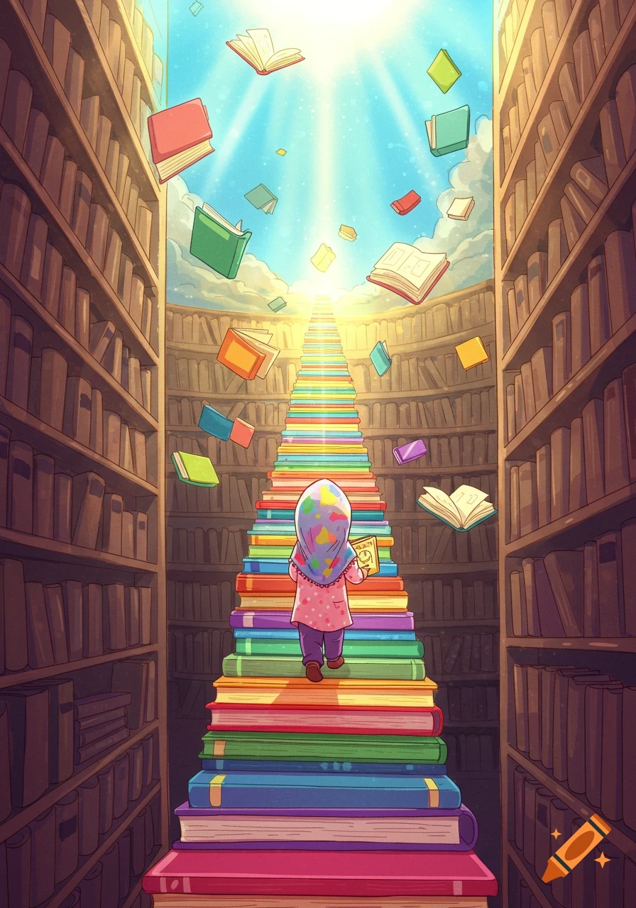 Whimsical cartoon of a girl in a hijab walking up colorful book stairs towards a bright light in a magical library with flying books.