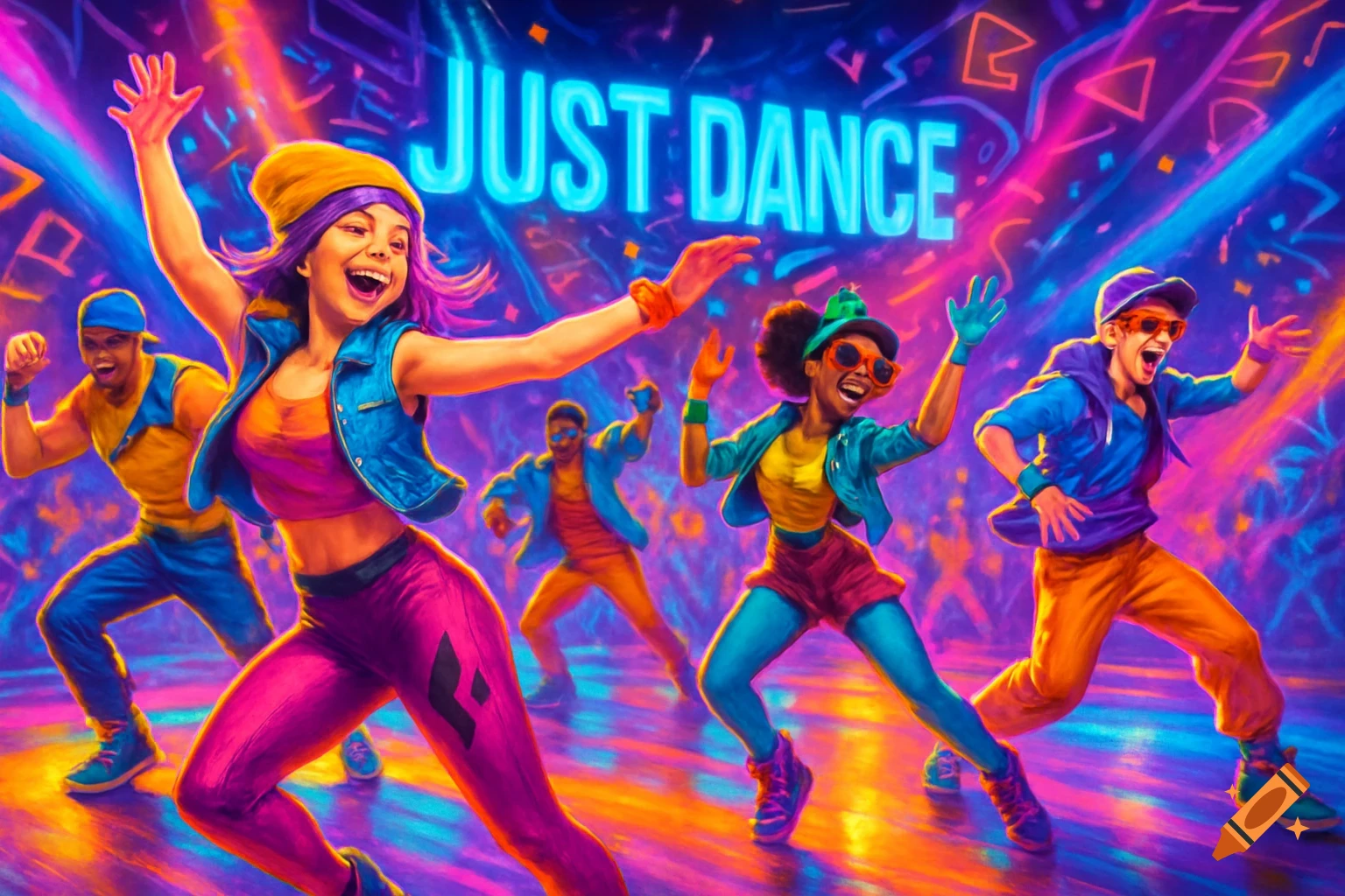 Energetic dancers on a vibrant, neon stage with 'JUST DANCE' glowing text in a digital art style.