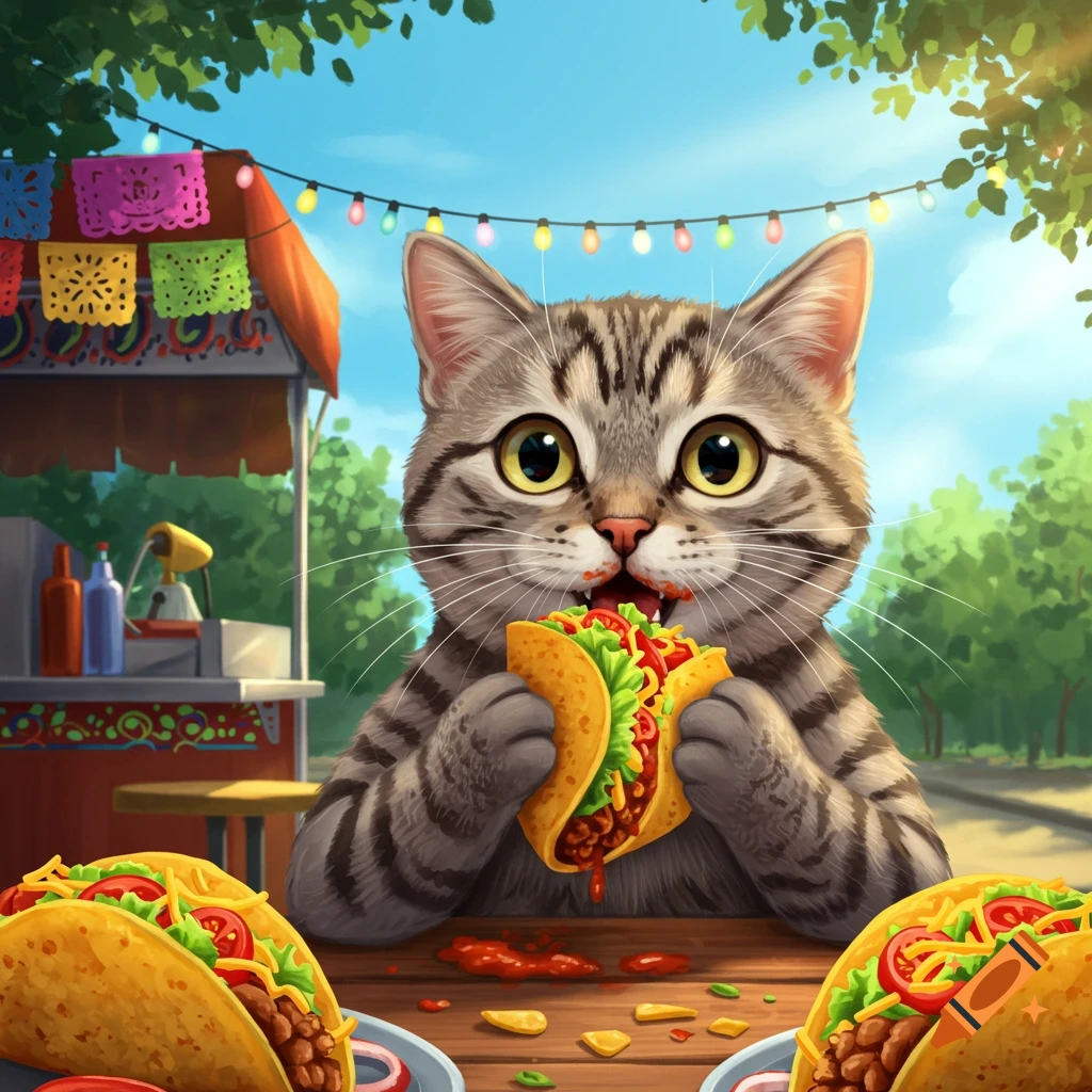 A cartoon tabby cat enthusiastically eats a taco at a colorful outdoor stand, with more tacos on a wooden table.