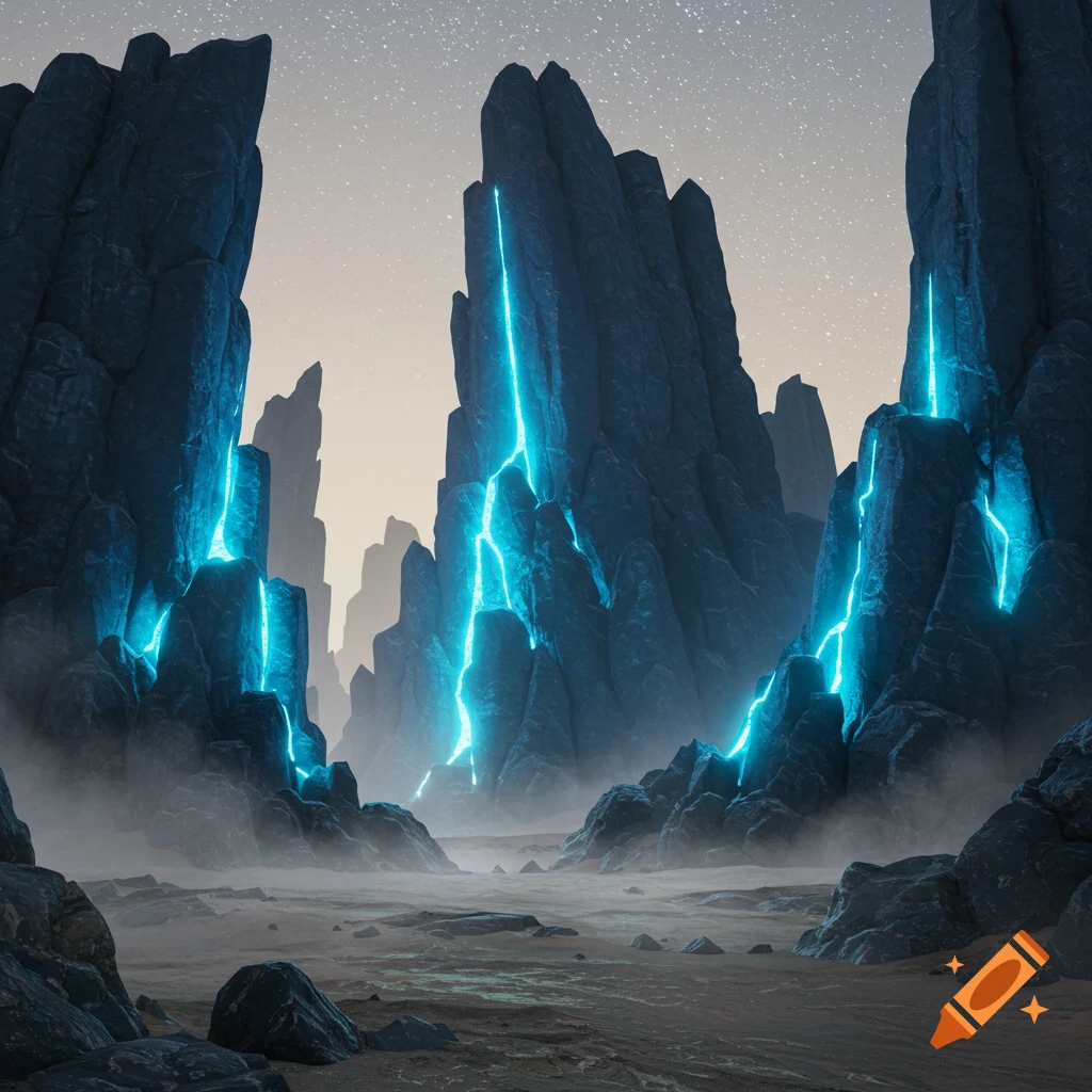 Tall rocky chasms glow with bright blue light in a foggy, star-lit alien landscape.