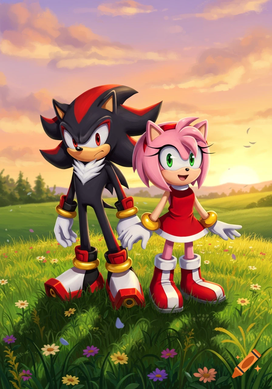 Shadow the Hedgehog and Amy Rose stand side-by-side in a vibrant green field filled with flowers under a colorful sunset sky.