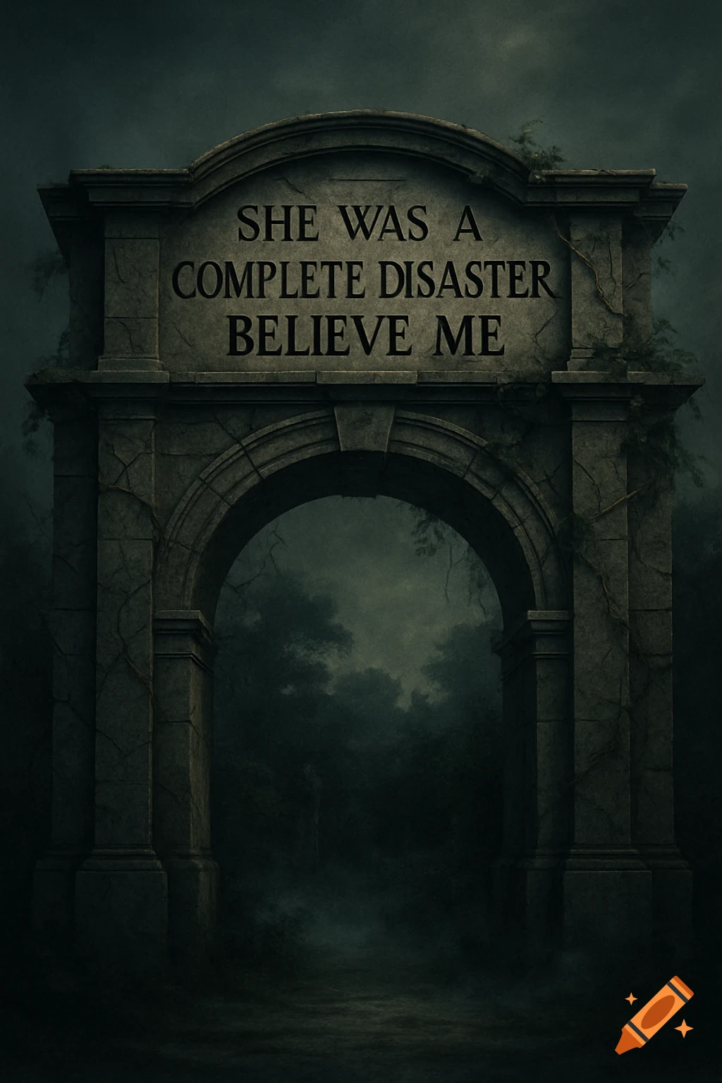Dark stone archway inscribed with 'SHE WAS A COMPLETE DISASTER BELIEVE ME', opening to a misty, shadowy forest, gothic style.
