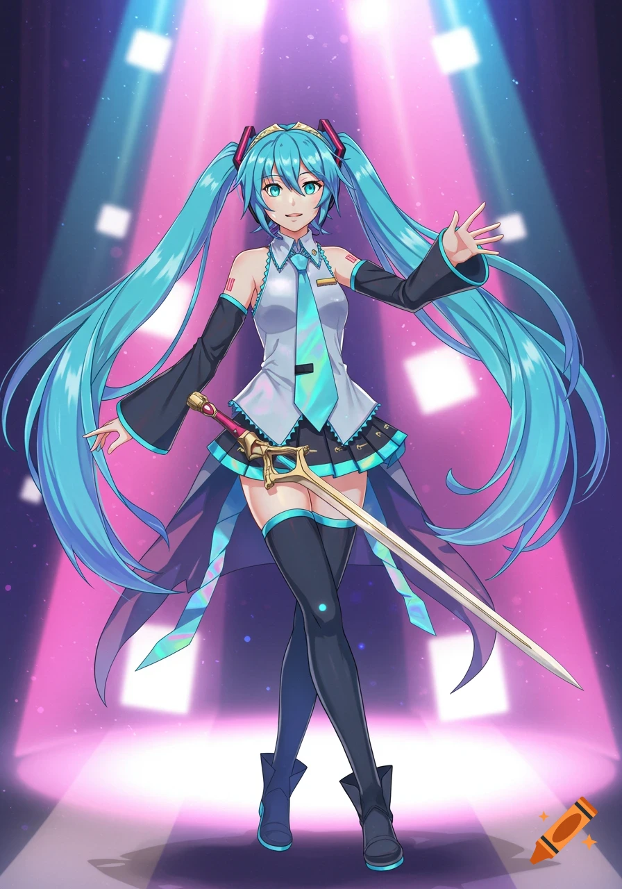 An anime girl with long blue pigtails and a skirt, dressed as Hatsune Miku, stands on a stage with spotlights, holding a sword.