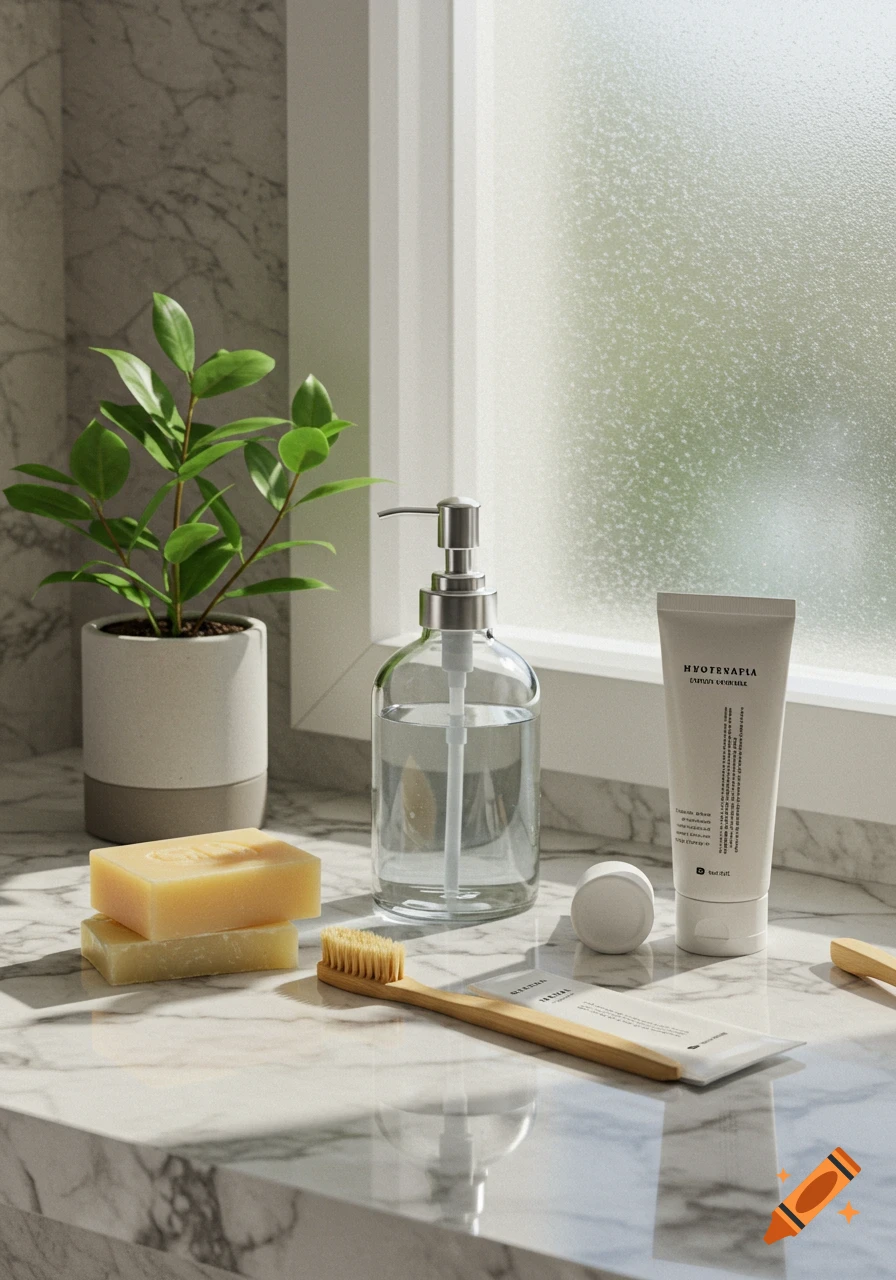 A still life of hygiene products, including soap, a toothbrush, and bottles, arranged on a marble counter by a window.