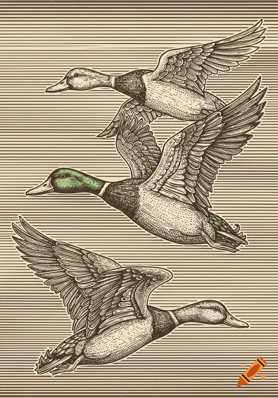 Three ducks flying diagonally, rendered in a linocut illustration style with a striped horizontal background.