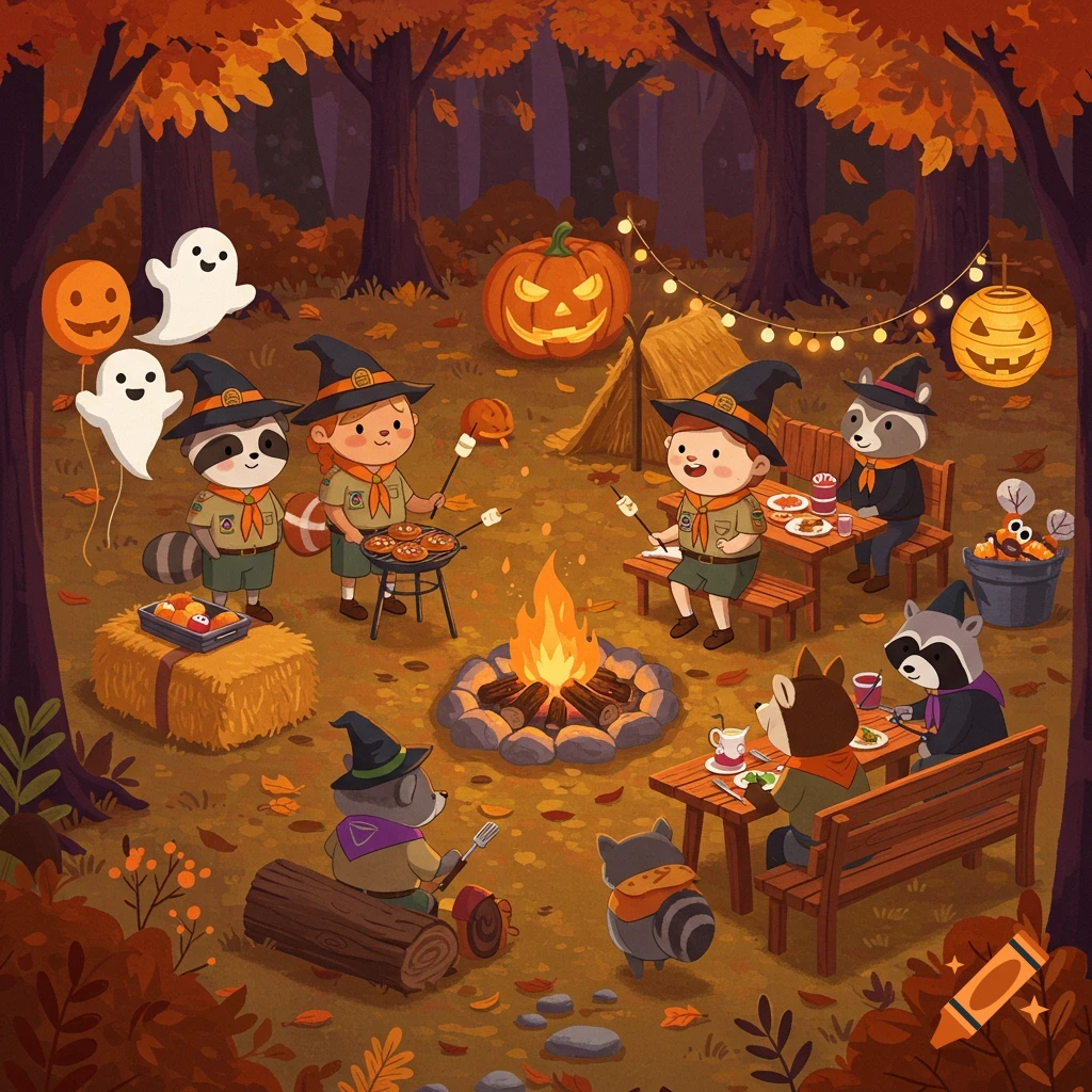 Cute cartoon scout children and raccoons in witch hats enjoy a Halloween campfire barbecue in an autumn forest with pumpkins and ghost balloons.