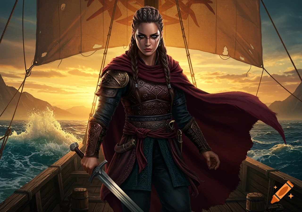 A fierce brunette viking pirate woman in ornate armor and a red cloak stands on a ship deck, holding a sword at sunset.