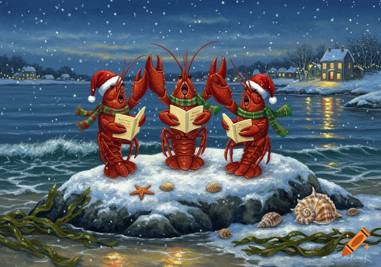 A painting of three lobsters wearing Santa hats and scarves, singing carols from books on a snowy rock by a winter ocean with a lighted village in the distance.