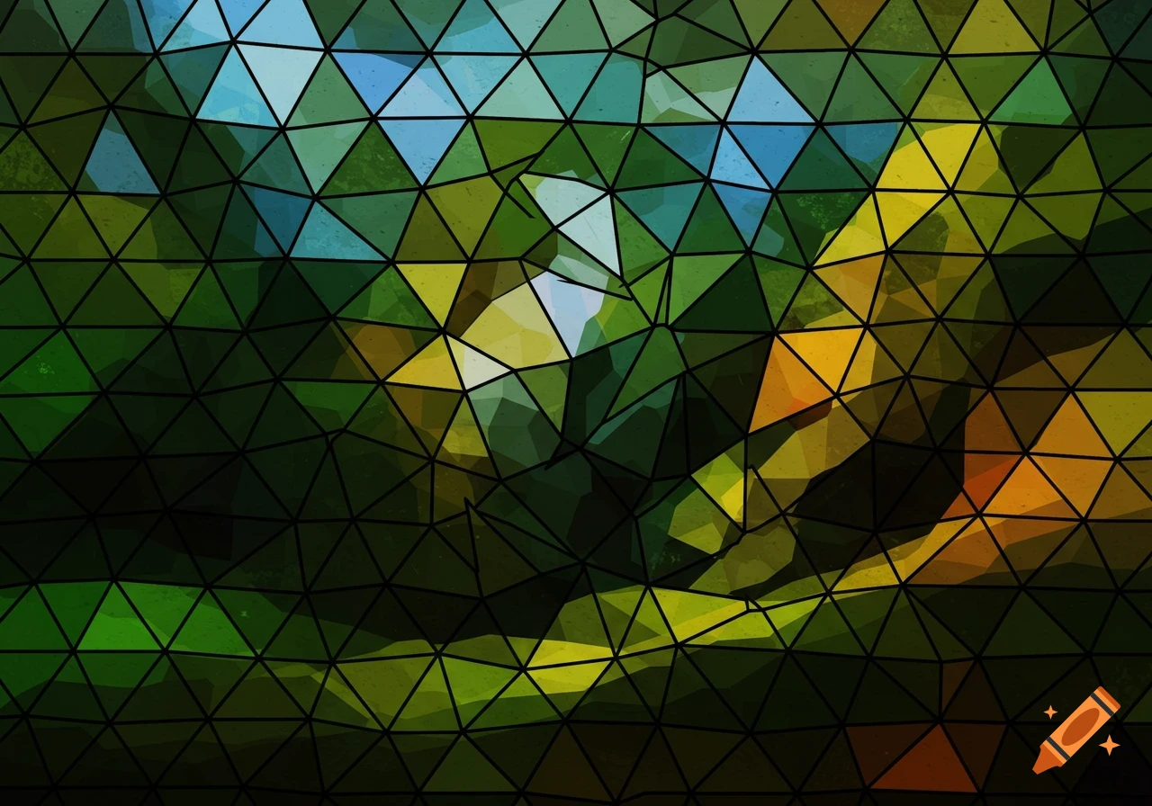 Abstract stained glass mosaic of triangles in shades of green, yellow, and blue, outlined in black.