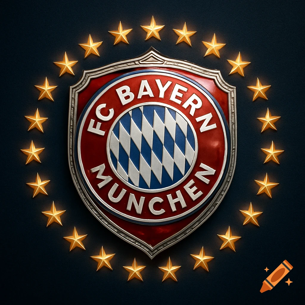 The FC Bayern München logo, a red, white, and blue shield, surrounded by 34 golden stars.