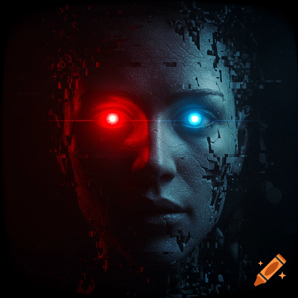 A distorted human face materializes from melting pixels with glowing red and blue eyes in dark, eerie digital art.