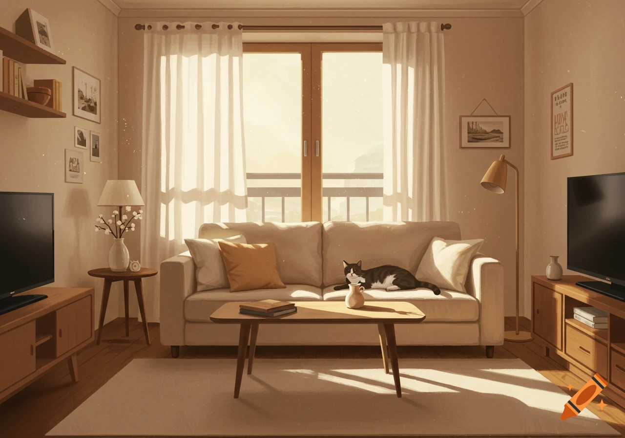 A cozy, sunlit apartment living room with a cat relaxing on a beige sofa, next to a window with white curtains. A wooden coffee table with books sits on a rug.