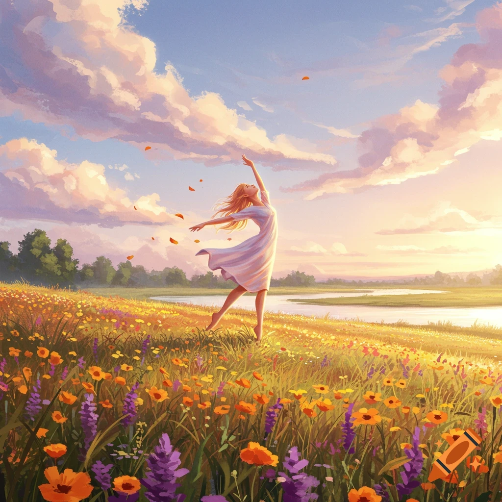 Digital painting of a woman in a white dress dancing in a sunlit field of wildflowers with a river and cloudy sky.