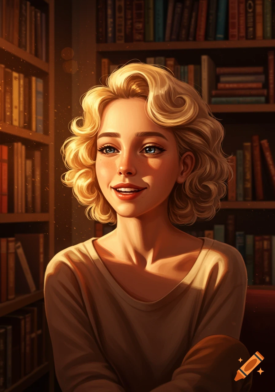 A digitally illustrated portrait of a smiling young blonde woman with curly hair, sitting in front of bookshelves bathed in warm light.