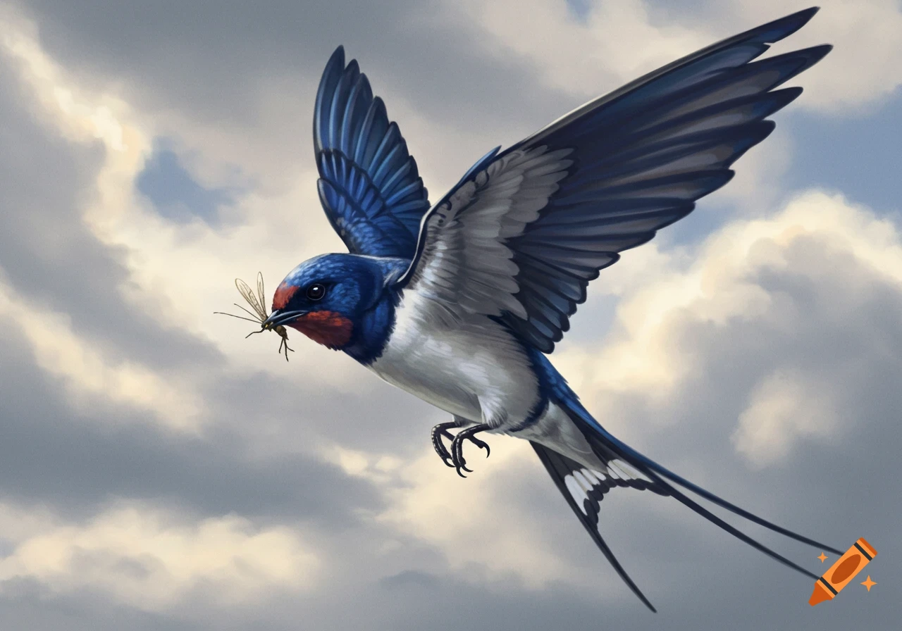 A blue, white, and red swallow in flight, catching an insect in its beak against a cloudy sky, in an illustrative style.