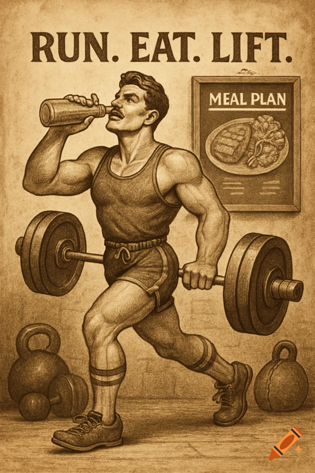 Sepia-toned illustration of a muscular man lifting weights and drinking from a bottle, with 'RUN. EAT. LIFT.' text above.