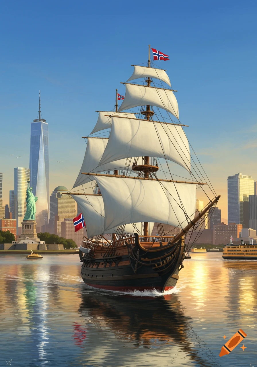 A grand wooden sailing ship with white sails, flying Norwegian flags, navigates the New York harbor with the city skyline and Statue of Liberty in the background.