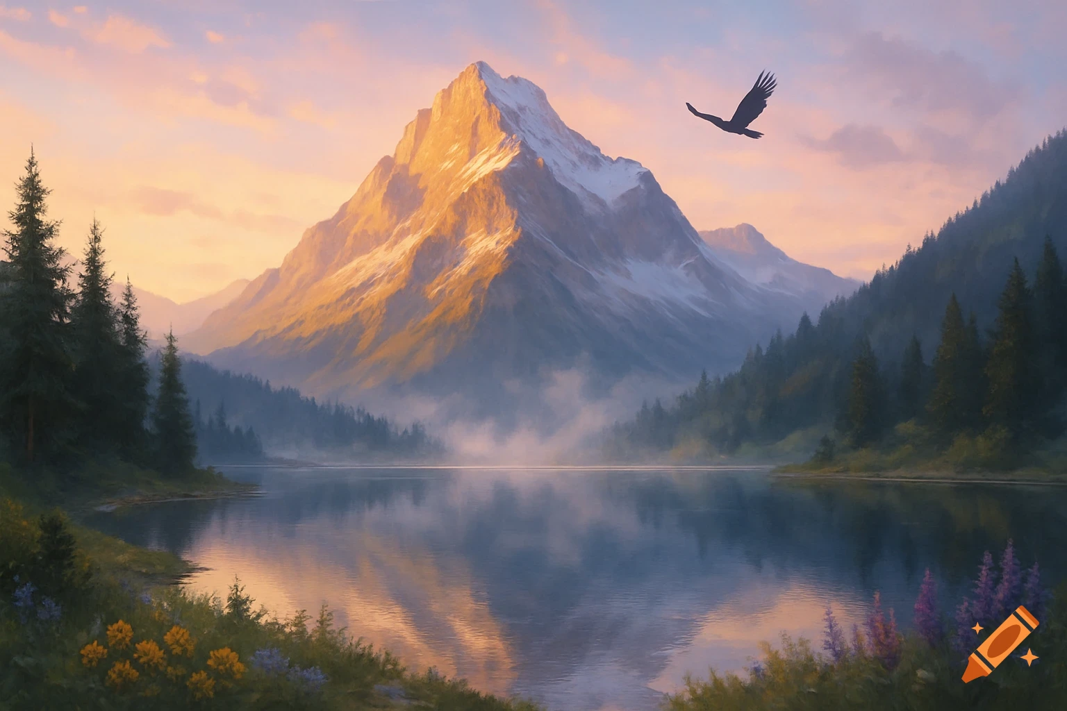 A majestic, snow-capped mountain glowing at sunrise, reflected in a serene lake surrounded by evergreen forests, with an eagle soaring.