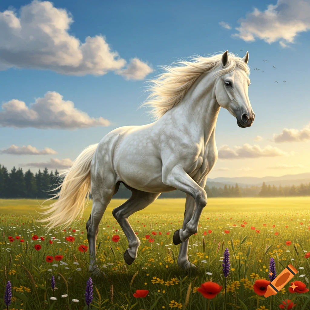 A majestic white horse gallops through a sunlit field of red and yellow wildflowers under a blue sky with fluffy clouds.