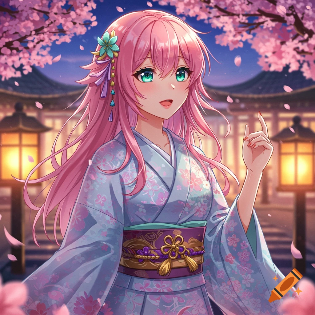 An anime girl with pink hair and green eyes, wearing a floral kimono under cherry blossoms at dusk.