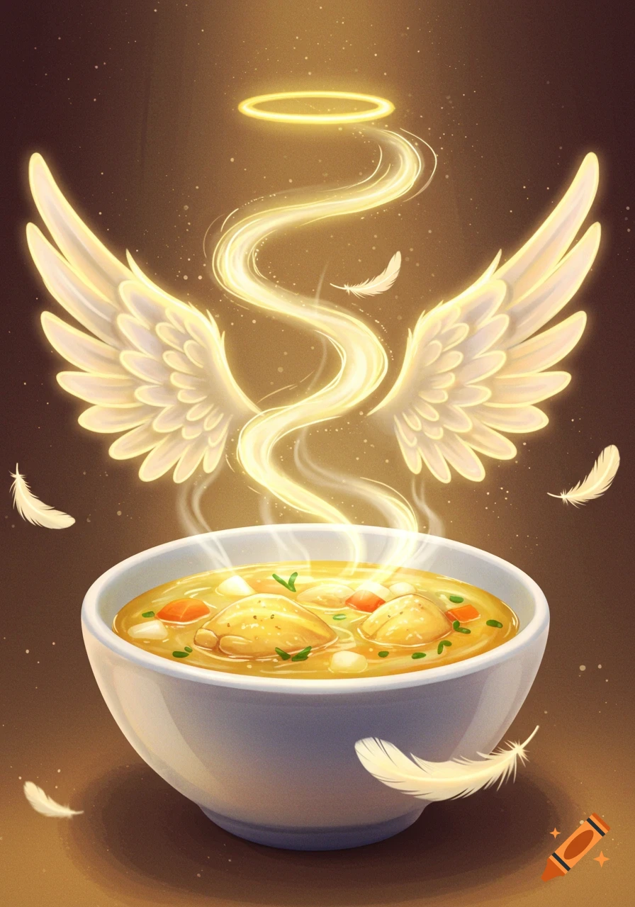 A stylized bowl of glowing chicken soup with angelic wings, a halo, and floating feathers against a warm, dark background.