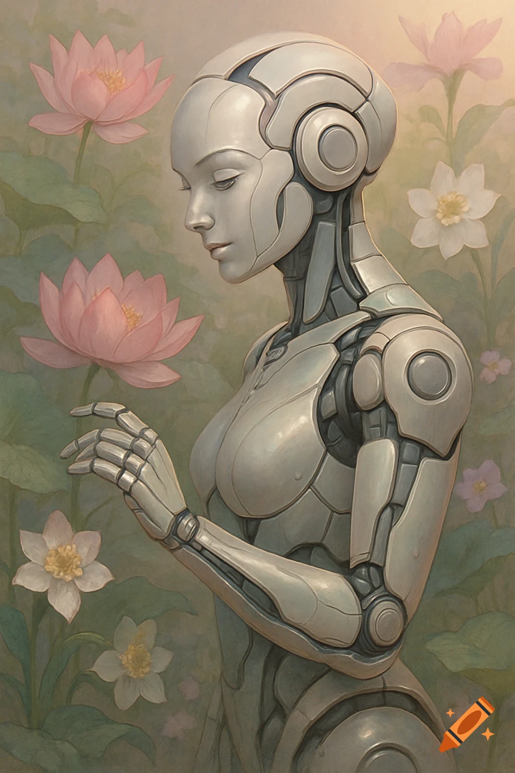 A serene silver robot with a feminine form stands among pink lotus and white narcissus flowers, in a delicate, futuristic art style.