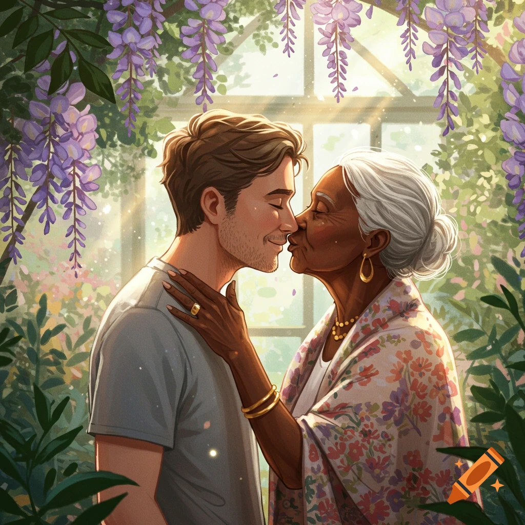 A man and an older woman with white hair share a kiss under hanging wisteria flowers in a sunlit garden.