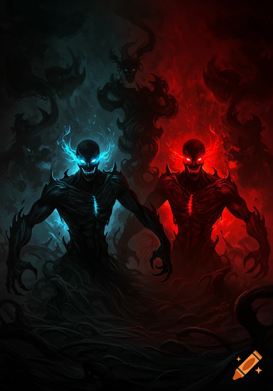 Two monstrous, shadowy figures, one glowing blue and one glowing red, stand against a dark, swirling background in a dark fantasy style.