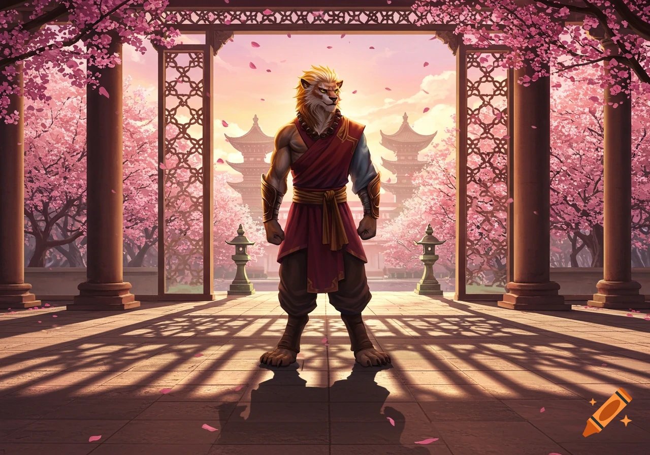 A muscular Leonin monk in red robes stands confidently in a cherry blossom garden with pagodas at sunset, digital art.