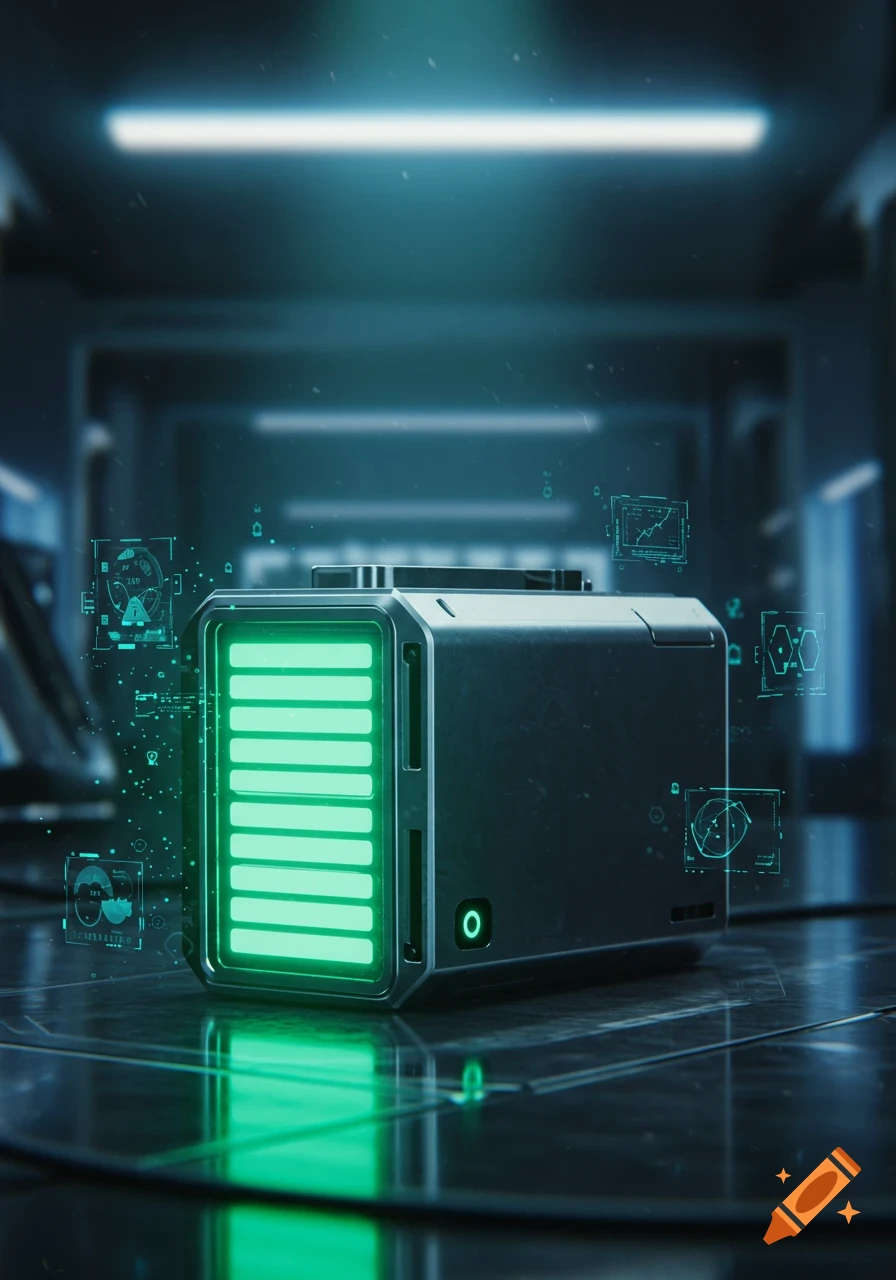 A futuristic, metallic device with glowing green bars resembling a battery, surrounded by holographic data displays in a dark, high-tech room.