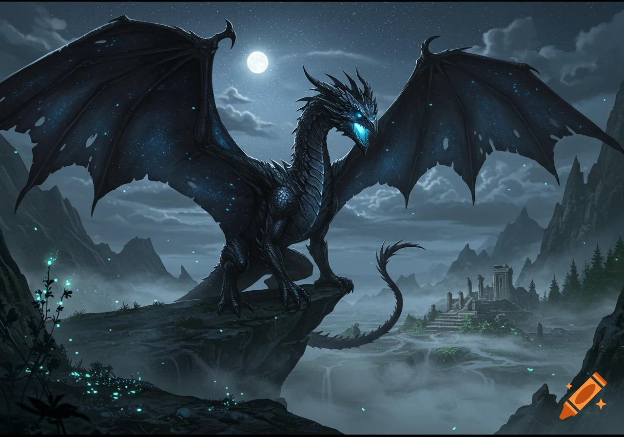 A majestic dark dragon with glowing blue eyes and wings covered in blue specks stands on a cliff under a full moon, overlooking a misty fantasy landscape with ancient ruins.