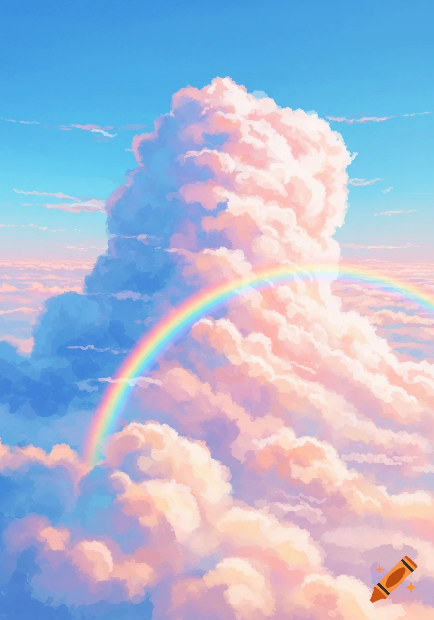 Vibrant illustration of fluffy clouds in pink, orange, and blue hues, with a rainbow arching across the sky.