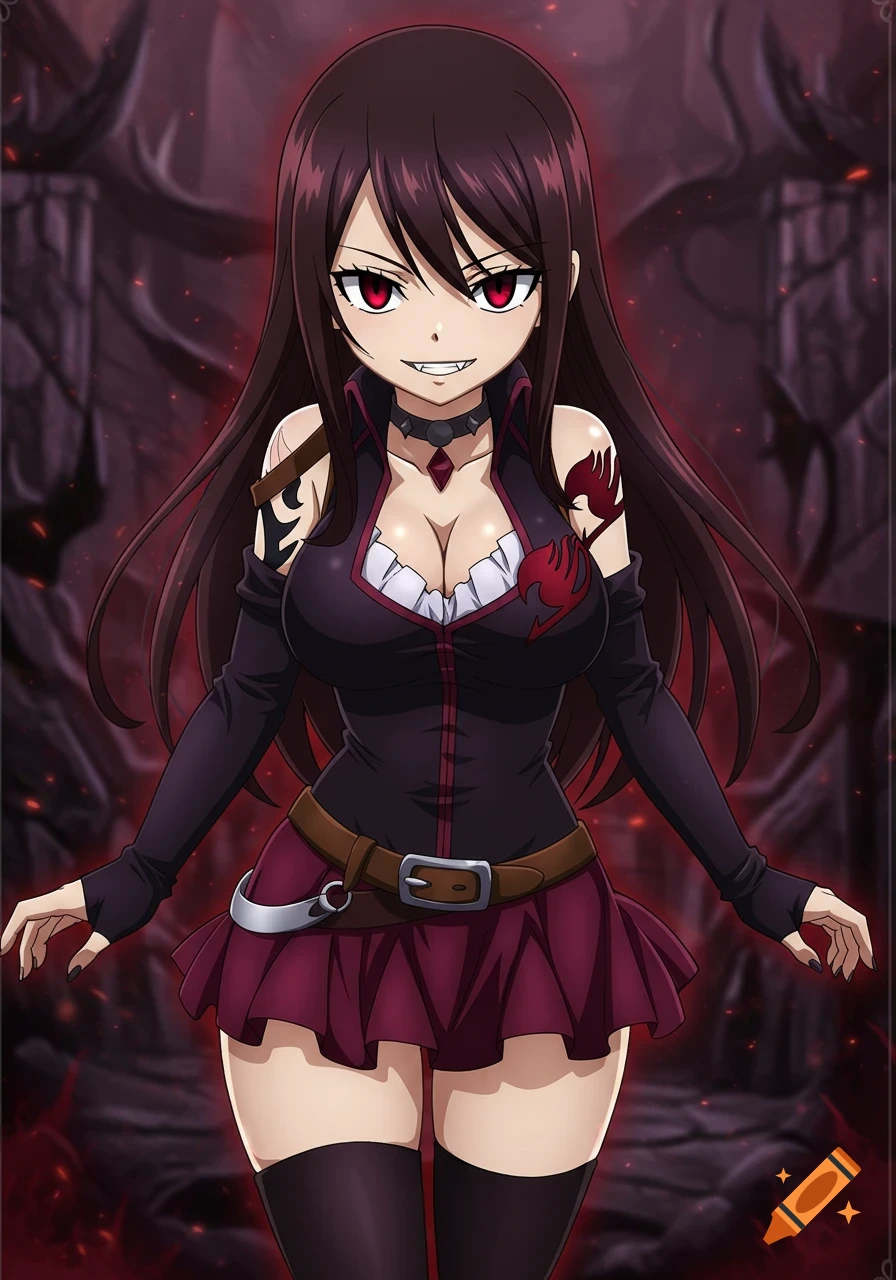 An anime-style female character with long dark hair, red eyes, and fangs, wearing a dark top, short skirt, and thigh-highs, standing against a shadowy background.