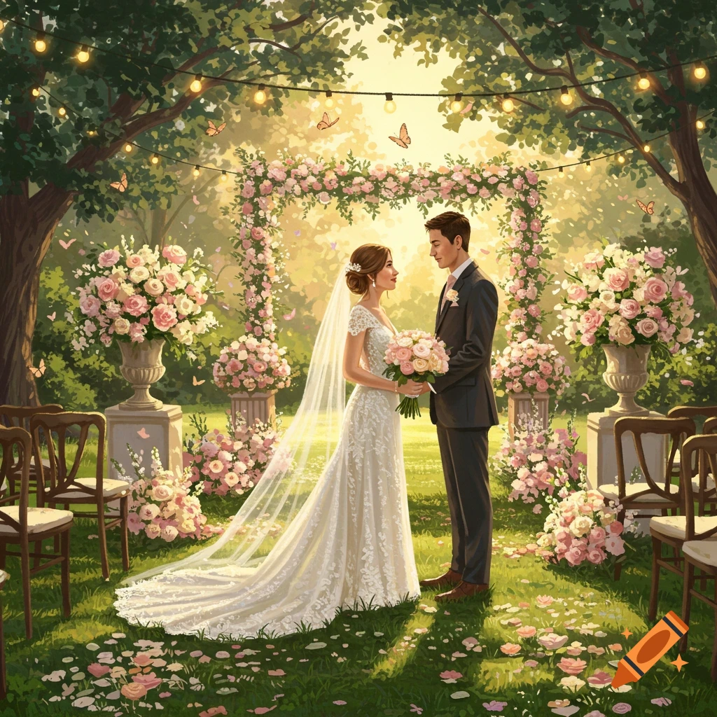 An illustrative painting of a bride and groom holding bouquets, standing under a floral archway at an outdoor wedding ceremony.