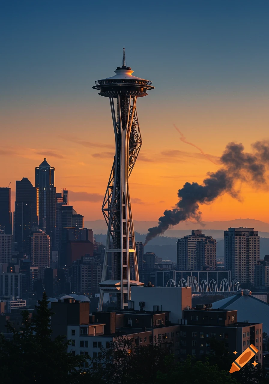 Bent Space Needle sagging over Seattle skyline at sunset, with smoke. Photorealistic.
