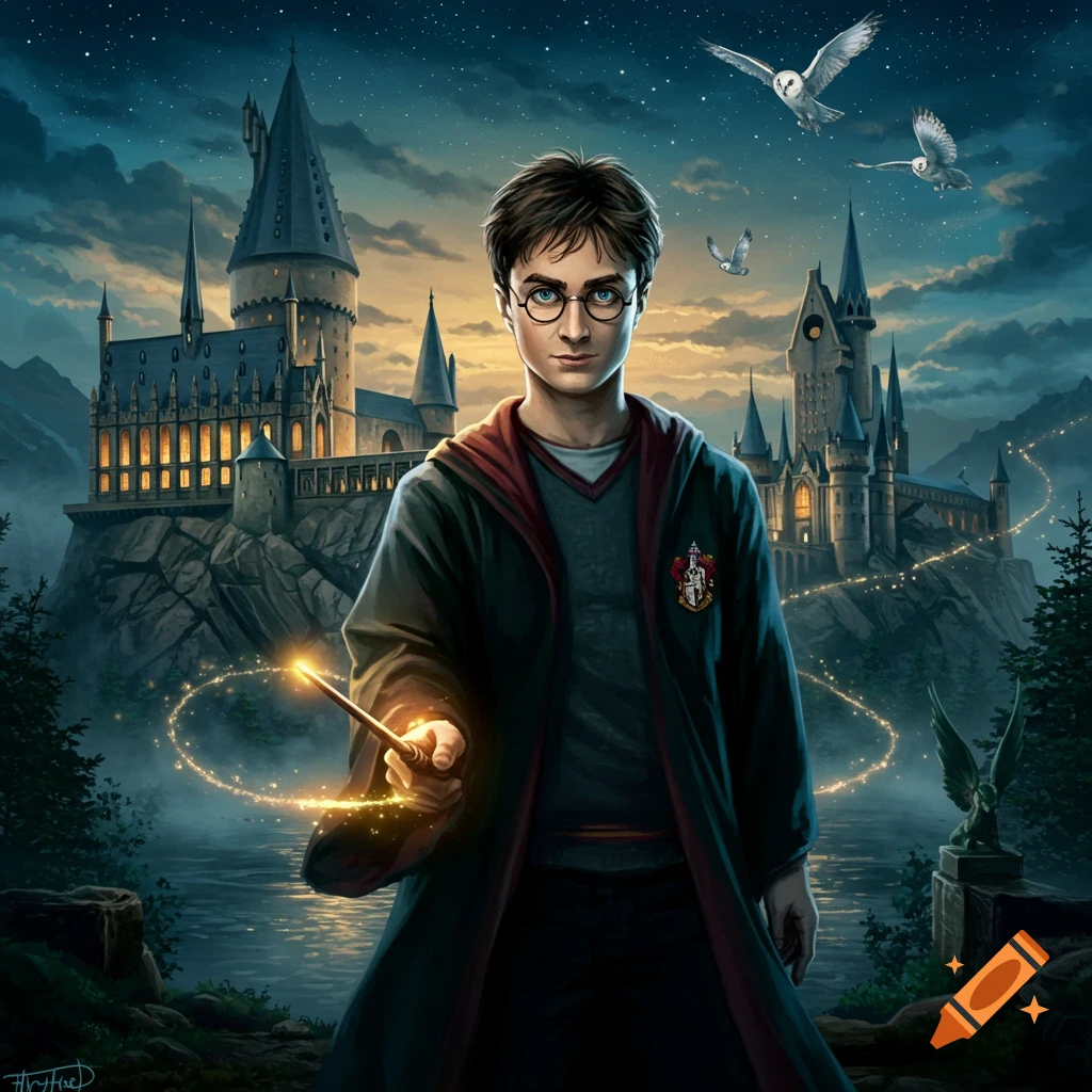 A young Harry Potter with glasses and a wand stands before Hogwarts castle  under a starry night sky with flying owls. on Craiyon, image size:1024x1024