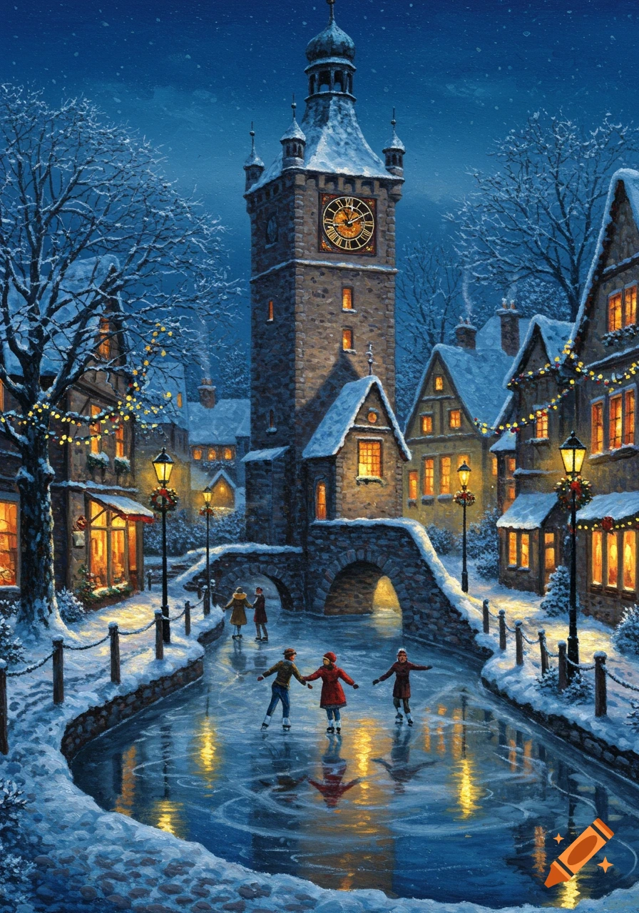 An oil painting of a snowy town with a clock tower and people ice skating on a frozen canal, illuminated by warm lights.