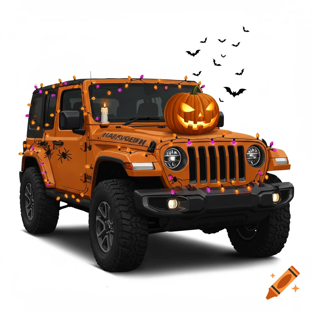 An orange Jeep Wrangler decorated with Halloween lights, spiders, a jack-o'-lantern, and flying bats on a white background.