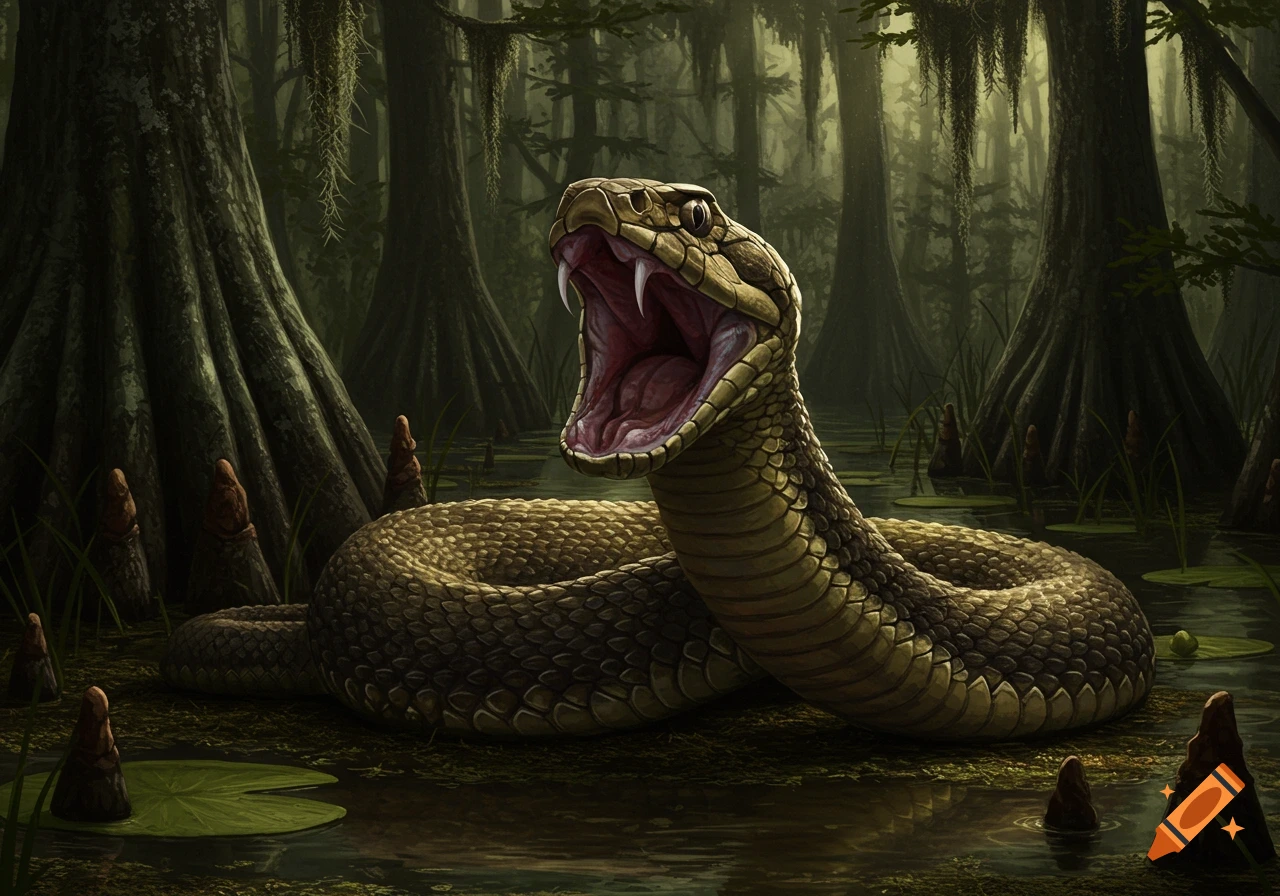 A menacing water moccasin snake with its mouth wide open, fangs bared, in a dark, mossy swamp with cypress trees.