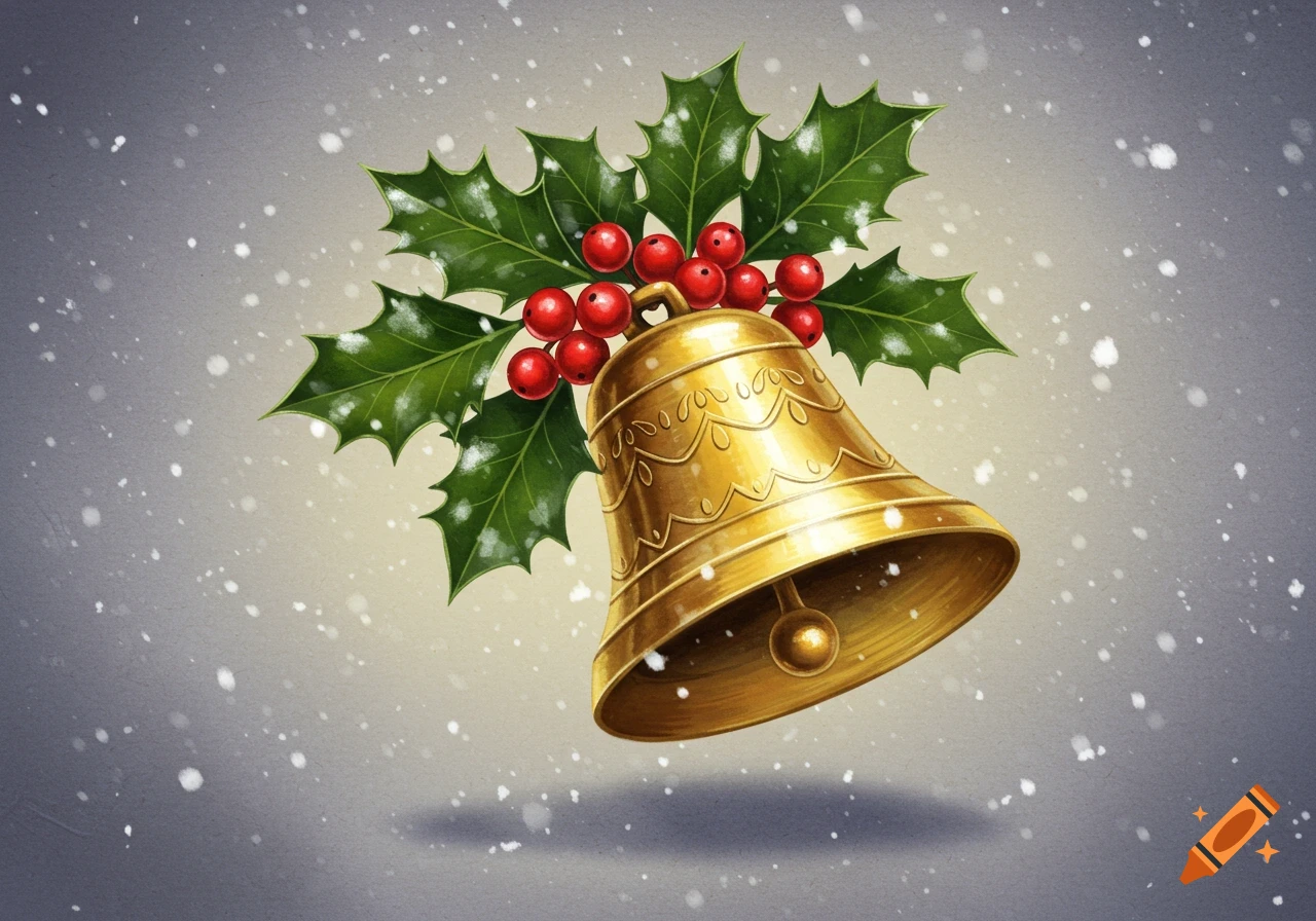 A golden Christmas bell adorned with holly leaves and red berries, depicted in a watercolor style against a snowy gray background.