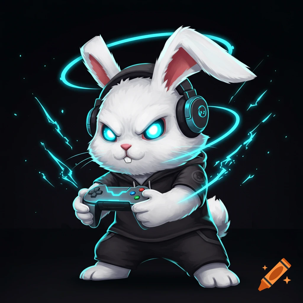 A white cartoon bunny with glowing blue eyes and headphones holds a game controller, surrounded by blue electrical effects on a black background.