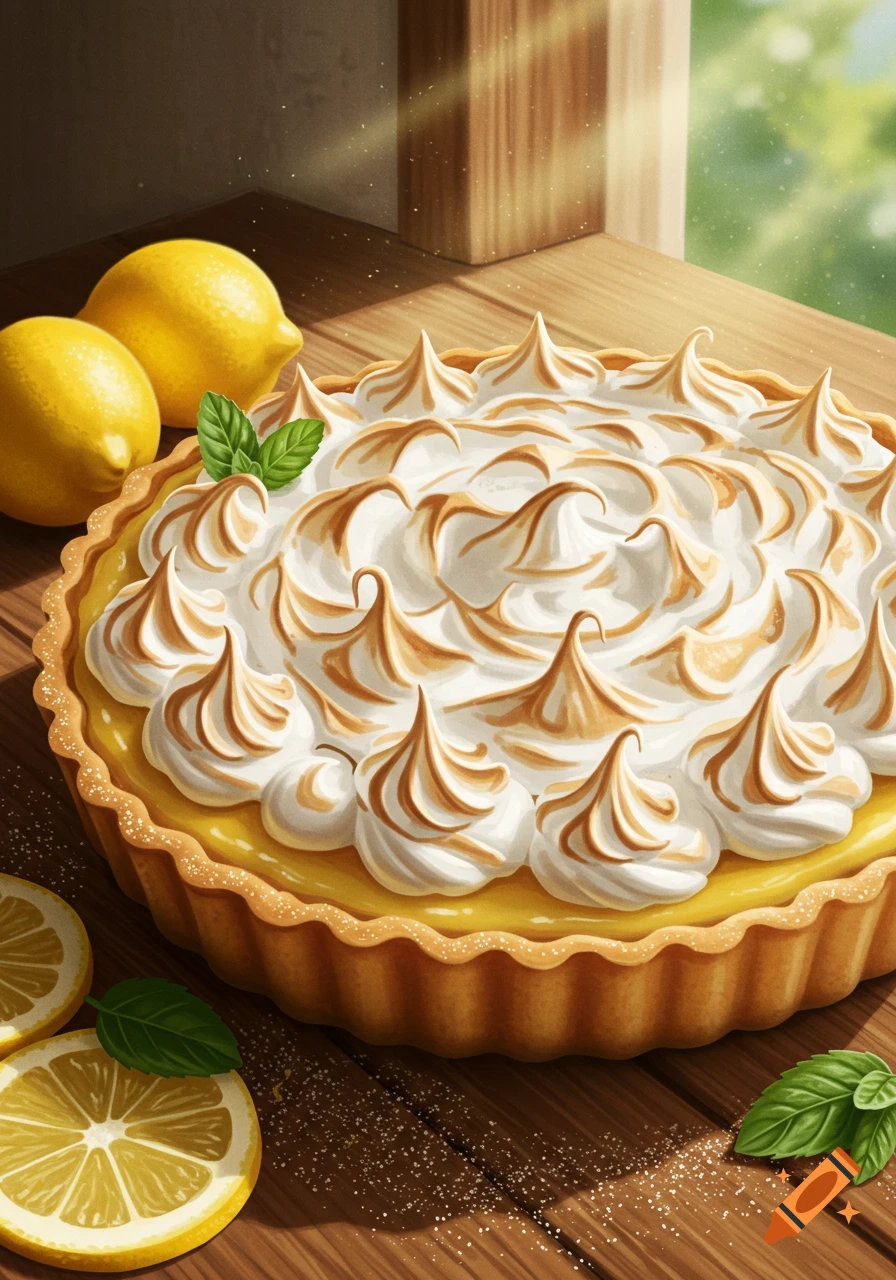 Vibrant illustration of a lemon meringue pie with toasted meringue, fresh lemons, and mint leaves on a sunlit wooden table.