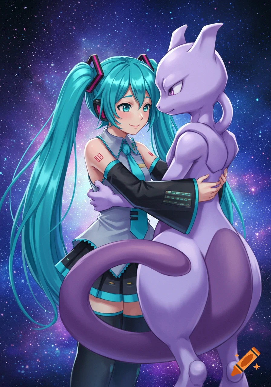 Hatsune Miku with long teal pigtails hugs purple Mewtwo against a starry galaxy background in an anime style.