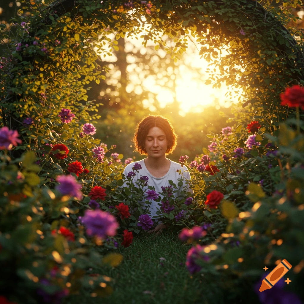 A person with closed eyes sits among colorful flowers under a leafy arch, bathed in golden sunlight.