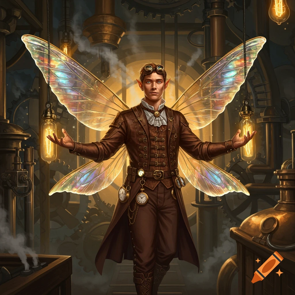 A steampunk fairy man with goggles, a brown leather outfit, and iridescent wings stands with outstretched arms in a gear-filled factory.
