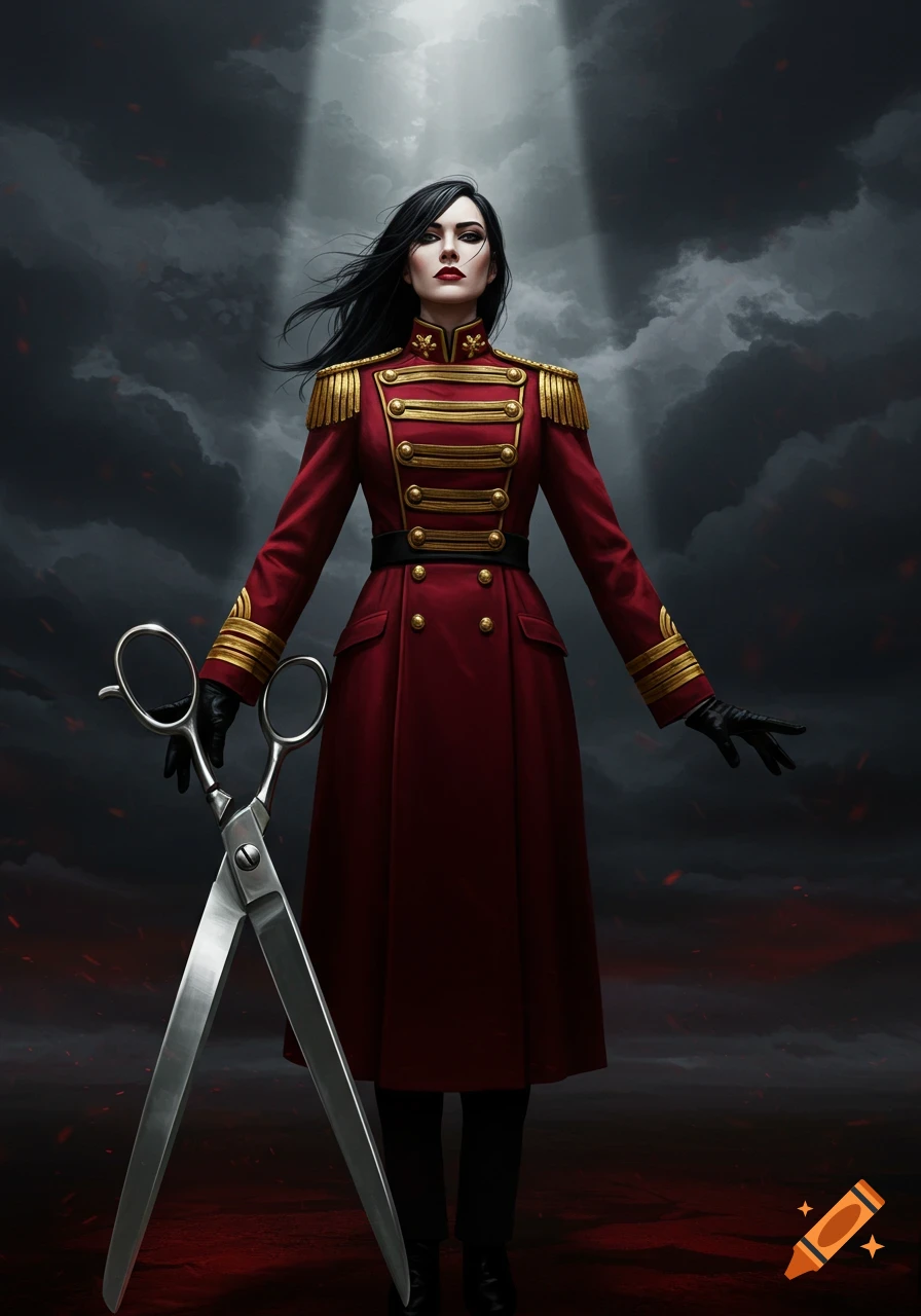 A woman in a red and gold military-style uniform holds giant scissors, standing under a spotlight amidst dark, stormy clouds.