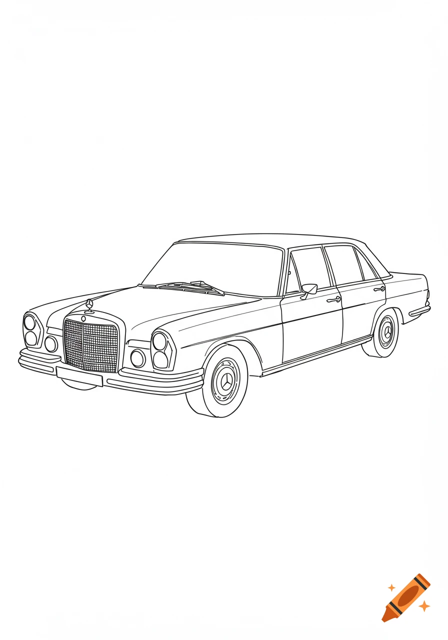 Minimalist line drawing of a Mercedes-Benz W111 S-Class sedan, black outlines on white background.