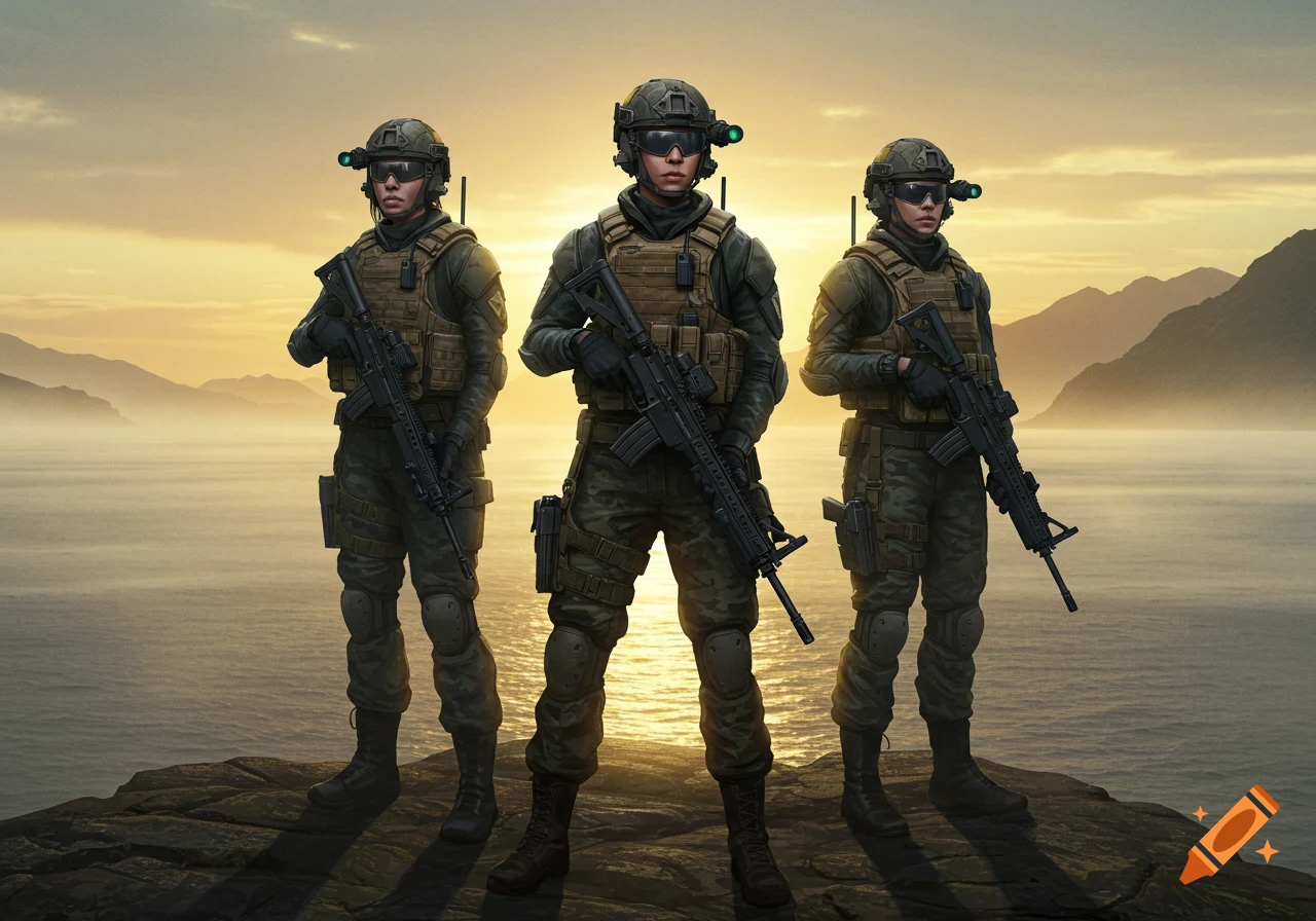 Three special ops women in tactical gear stand on a rocky shore at sunset, holding rifles, with mountains in the background.