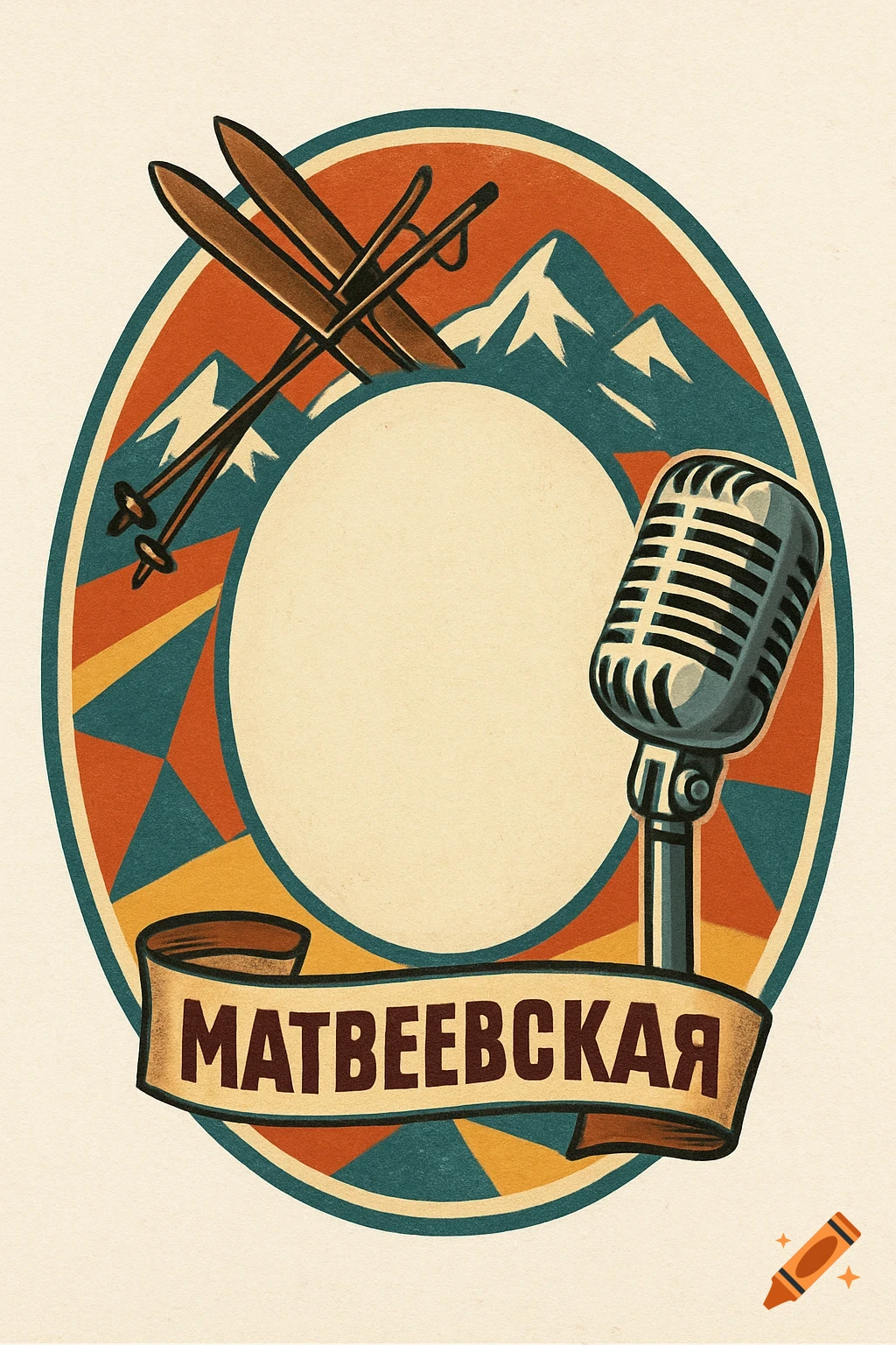 A vintage circular label features crossed skis, snowy mountains, and a retro microphone, with the word "МАТВЕЕВСКАЯ" on a banner.